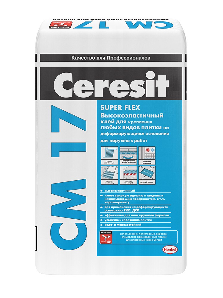 Высокоэластичный клей для плитки для наружных и внутренних работ Ceresit CM 17 — Cerezit